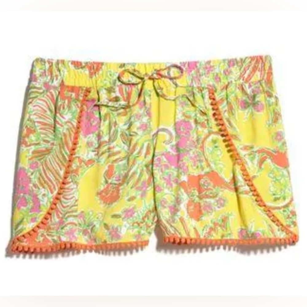 •LILLY PULITZER X TARGET•"MY HAPPY PLACE" YELLOW COLORFUL POM-POM TRIM SHORTS XS